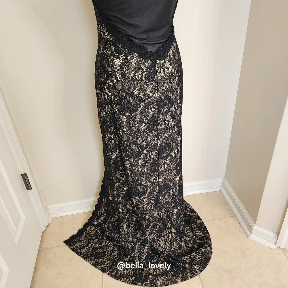 Formal Elegant Black Cream Lace Backless Sheer Back Dress - Picture 10 of 12